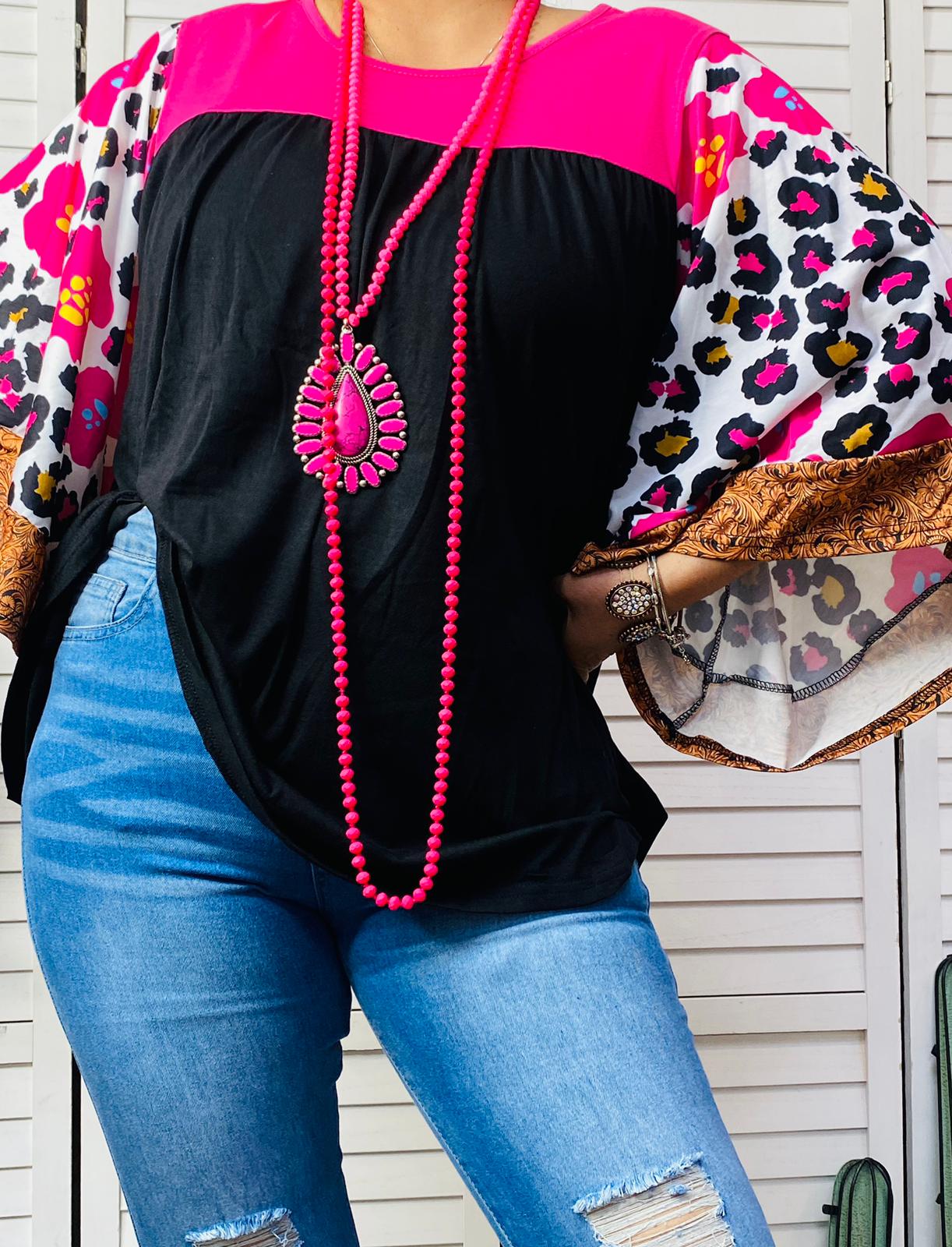 Western leopard bell sleeve pink & black women's boutique top BQ14559