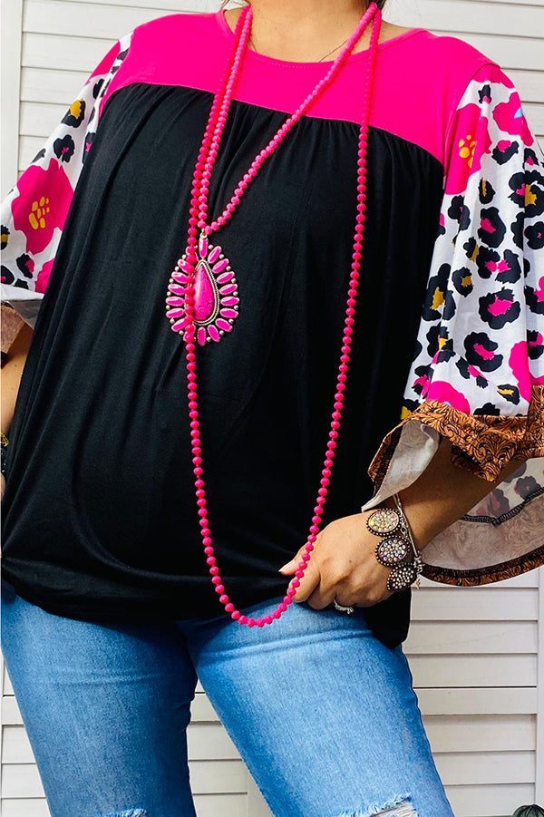 Western leopard bell sleeve pink & black women's boutique top BQ14559