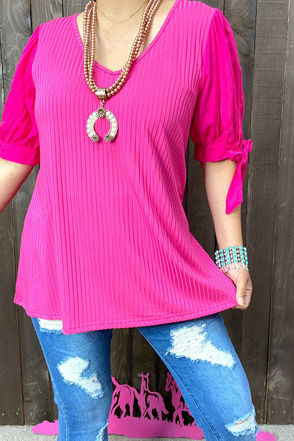 BQ14636 Hot pink women top with tie bow at sleeve – Lulu Clothes