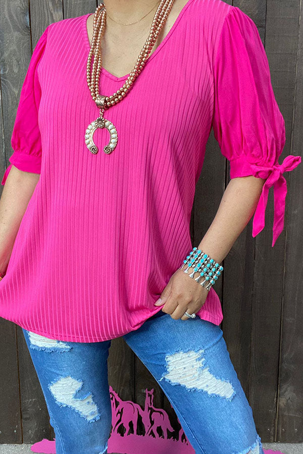BQ14636 Hot pink women top with tie bow at sleeve – Lulu Clothes