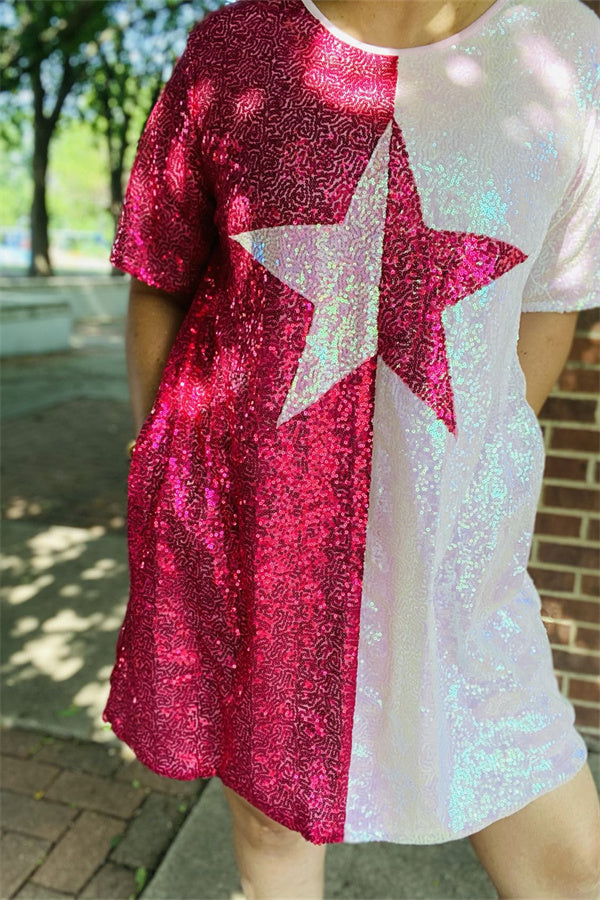 Sequin half pink & fuchsia star patterns short sleeve women dress BQ14736