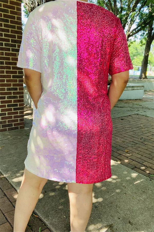 Sequin half pink & fuchsia star patterns short sleeve women dress BQ14736