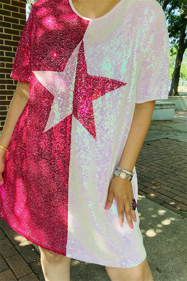 Sequin half pink & fuchsia star patterns short sleeve women dress BQ14736