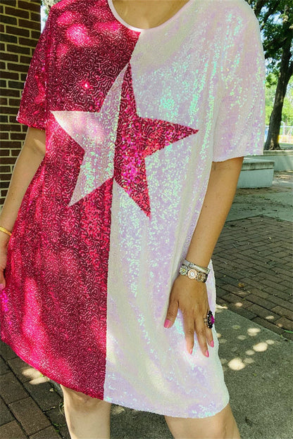 Sequin half pink & fuchsia star patterns short sleeve women dress BQ14736