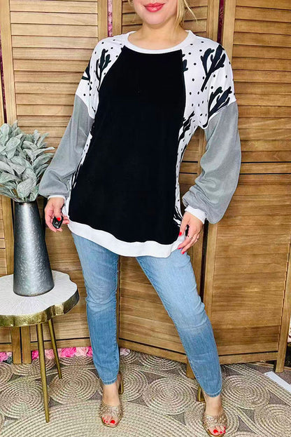 Cactus & dots & fleece grey raglan long sleeves black women blouse BQ15021