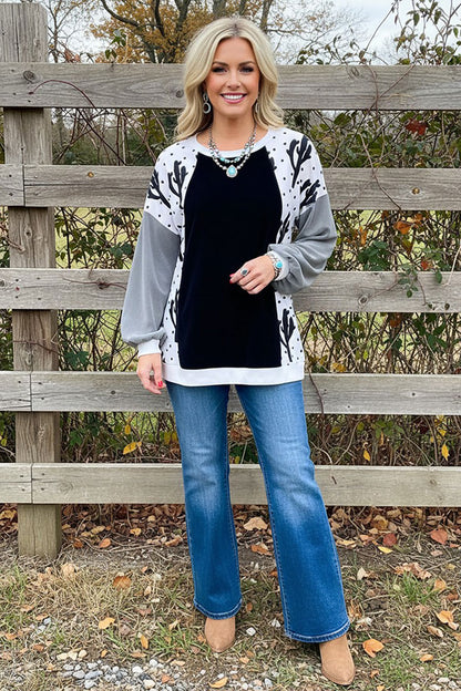 Western Cactus & dots & fleece grey sleeves black women's boutique blouse BQ15021