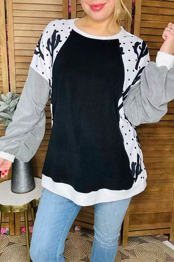 Cactus & dots & fleece grey raglan long sleeves black women blouse BQ15021