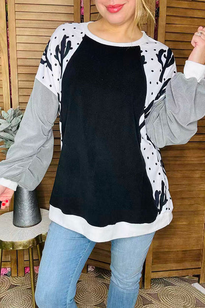 Cactus & dots & fleece grey raglan long sleeves black women blouse BQ15021