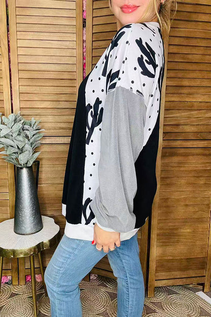 Cactus & dots & fleece grey raglan long sleeves black women blouse BQ15021