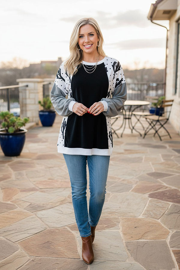 Western Cactus & dots & fleece grey sleeves black women's boutique blouse BQ15021