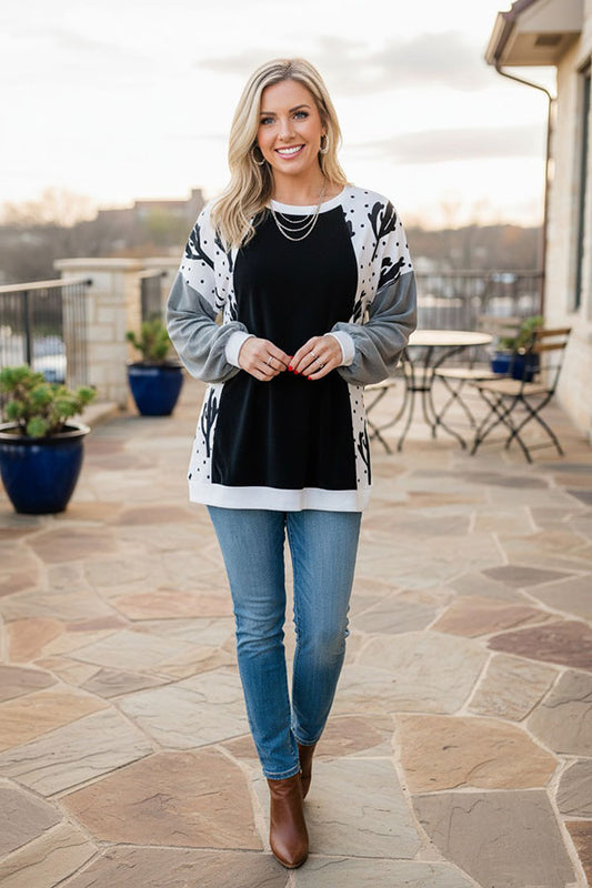 Western Cactus & dots & fleece grey sleeves black women's boutique blouse BQ15021
