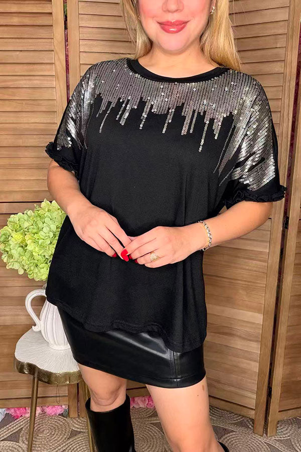 Silver sequin & black short sleeve w/ruffle trim women tops BQ15090-1