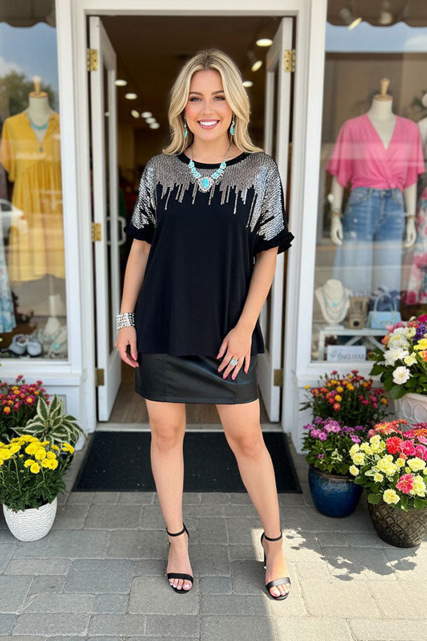 Silver sequin & black short sleeve w/ruffle trim women tops BQ15090-1