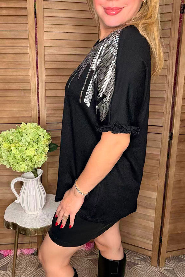 Silver sequin & black short sleeve w/ruffle trim women tops BQ15090-1