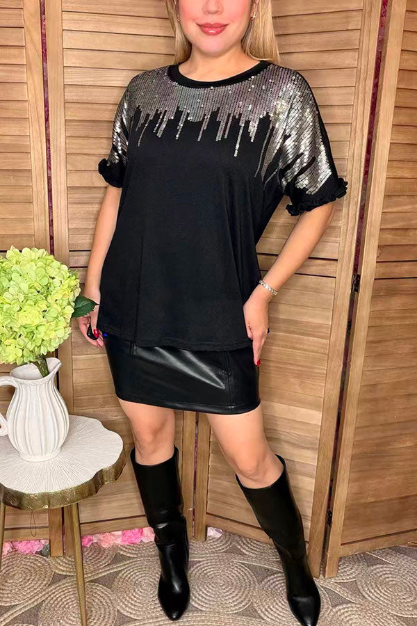 Silver sequin & black short sleeve w/ruffle trim women tops BQ15090-1