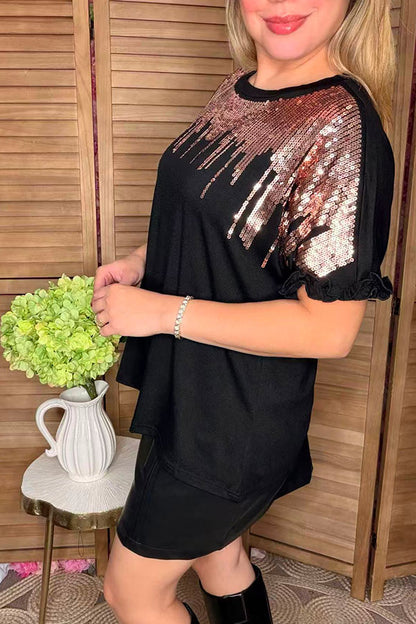 Tan sequin & black short sleeve w/ruffle trim women tops BQ15090-2