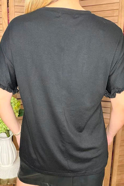 Silver sequin & black short sleeve w/ruffle trim women tops BQ15090-1