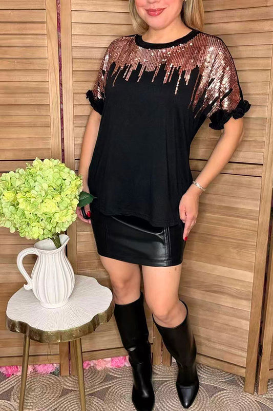 Tan sequin & black short sleeve w/ruffle trim women tops BQ15090-2