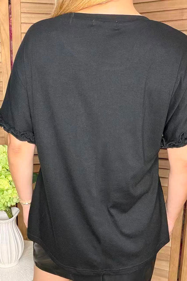 Tan sequin & black short sleeve w/ruffle trim women tops BQ15090-2