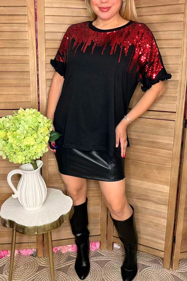 Red sequin & black short sleeve w/ruffle trim women tops BQ15090-3