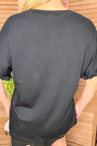 Red sequin & black short sleeve w/ruffle trim women tops BQ15090-3