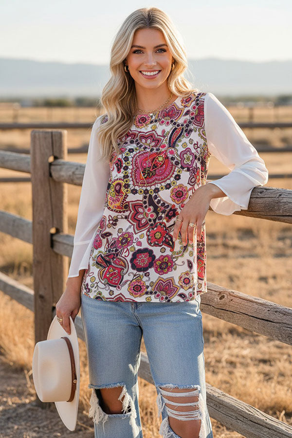 Western paisley print chiffon/ruffle long sleeve women's boutique top BQ15284