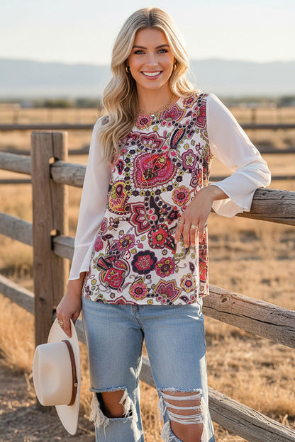 Western paisley print chiffon/ruffle long sleeve women's boutique top BQ15284