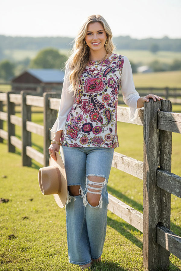 Western paisley print chiffon/ruffle long sleeve women's boutique top BQ15284