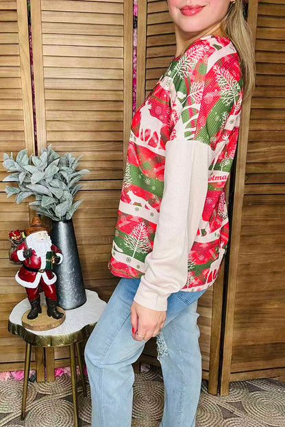 "Merry Christmas" printed w/beige solid color long sleeve women tops BQ15376