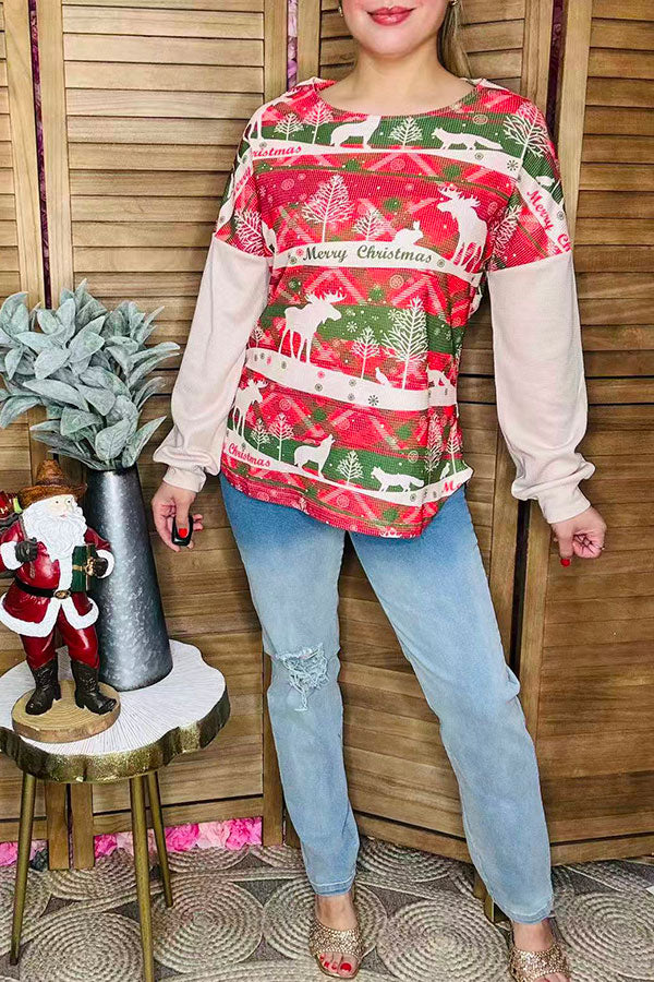 "Merry Christmas" printed w/beige solid color long sleeve women tops BQ15376
