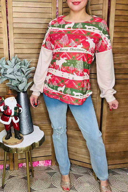 "Merry Christmas" printed w/beige solid color long sleeve women tops BQ15376