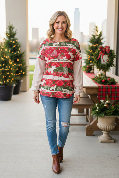 Western patchwork "Merry Christmas" & beige women's boutique top BQ15376