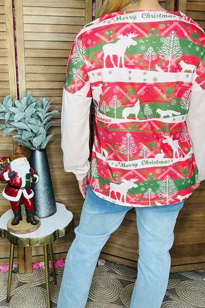 "Merry Christmas" printed w/beige solid color long sleeve women tops BQ15376