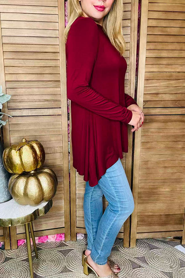 Burgundy long sleeve baby doll women top w/ irregular bottom BQ15412