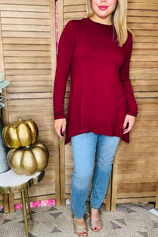 Burgundy long sleeve baby doll women top w/ irregular bottom BQ15412