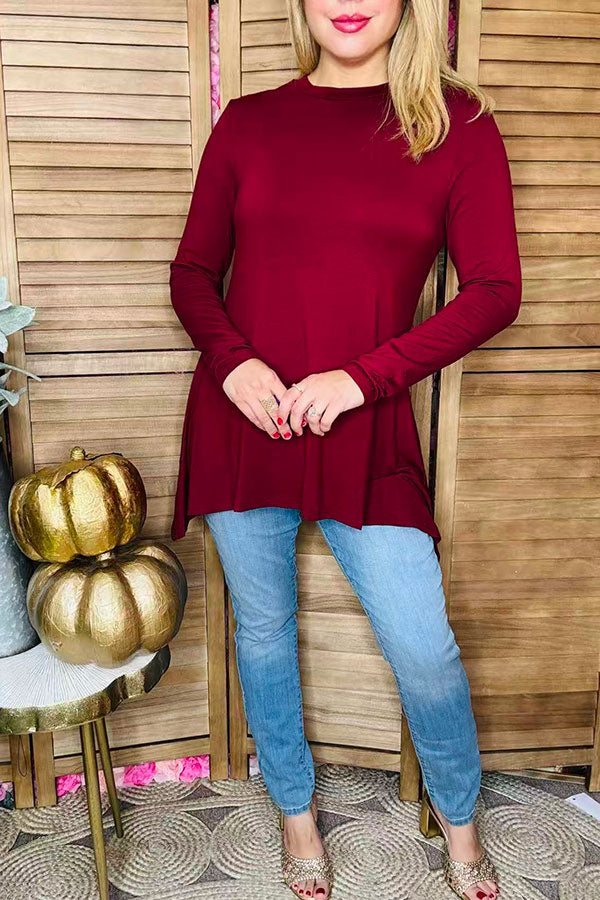 Burgundy long sleeve baby doll women top w/ irregular bottom BQ15412