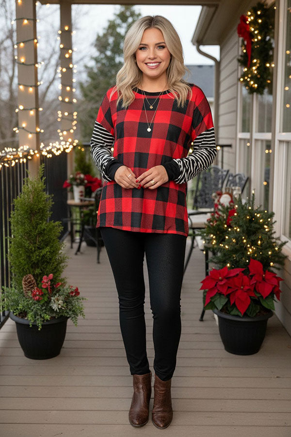 Christmas checked w/striped long sleeve women's boutique top BQ15415