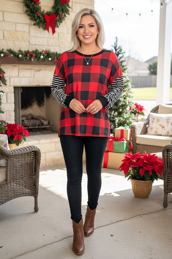 Christmas checked w/striped long sleeve women's boutique top BQ15415