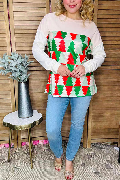Red/green Christmas tree printed drop shoulder long sleeve women tops BQ15418