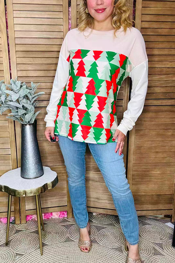 Red/green Christmas tree printed drop shoulder long sleeve women tops BQ15418