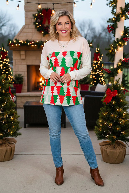 Red/green Christmas tree printed drop shoulder long sleeve women tops BQ15418