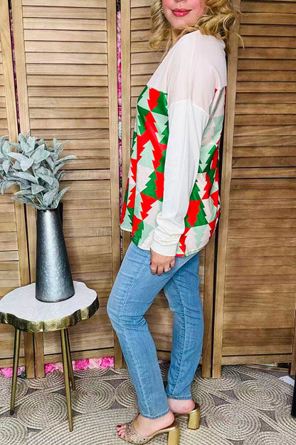 Red/green Christmas tree printed drop shoulder long sleeve women tops BQ15418