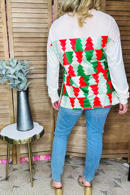 Red/green Christmas tree printed drop shoulder long sleeve women tops BQ15418