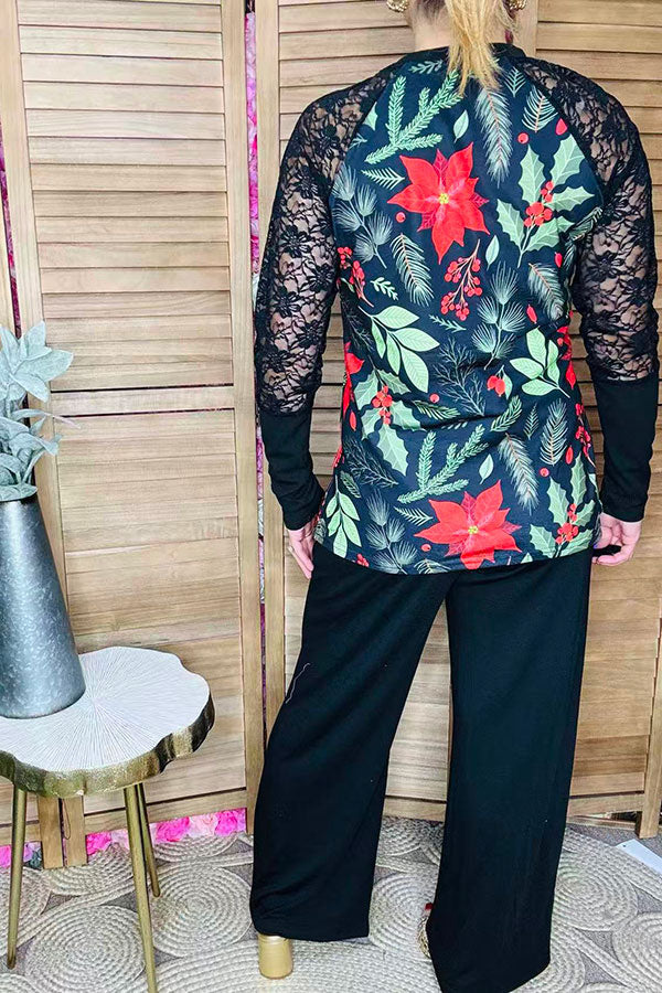 Christmas poinsettia printed black lace long sleeve women top BQ15432