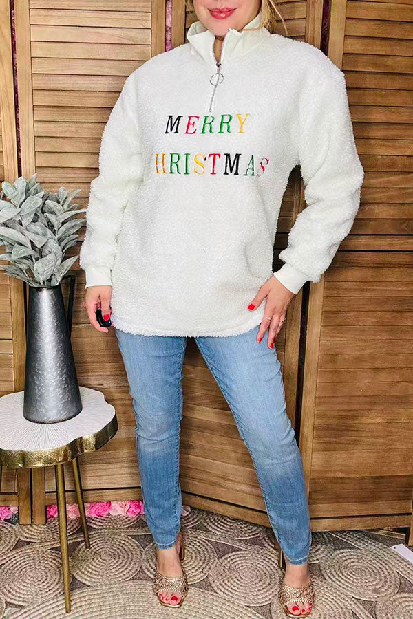 "MERRY CHRISTMAS"embroidery sherpa women coat with zipper BQ15440
