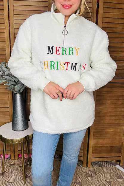 "MERRY CHRISTMAS"embroidery sherpa women coat with zipper BQ15440