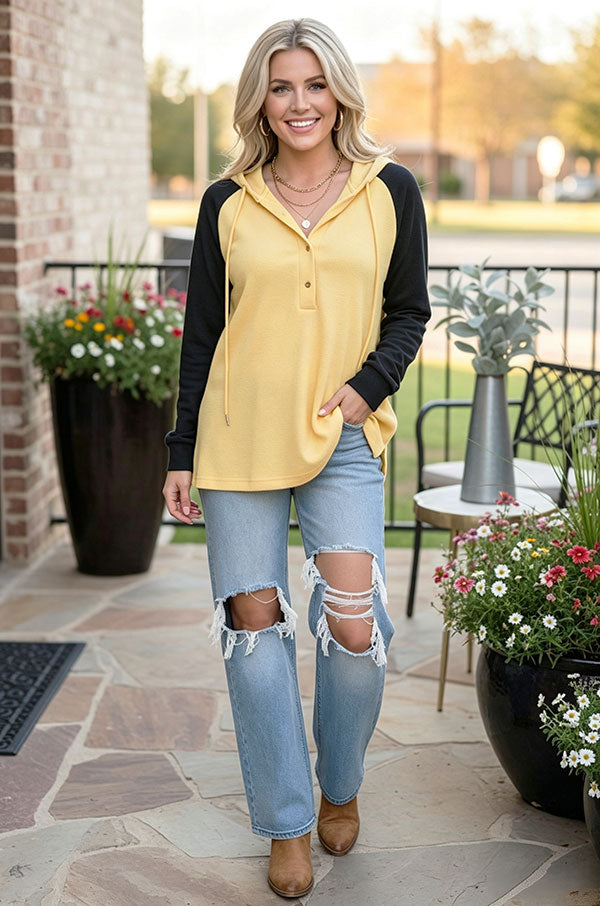 Western waffle yellow & black raglan hoodie women's boutique top BQ15467