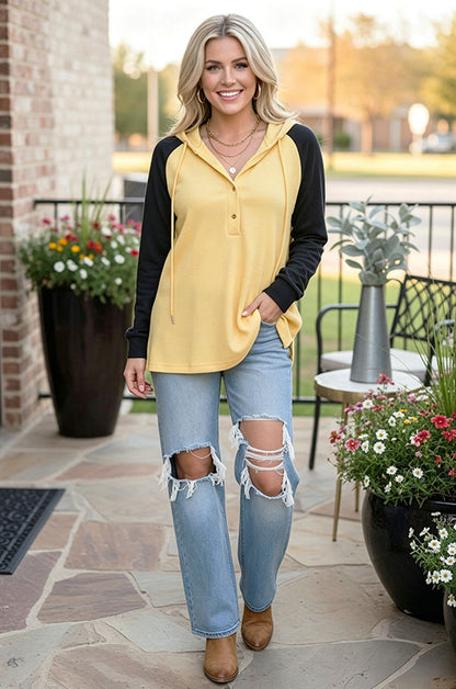 Western waffle yellow & black raglan hoodie women's boutique top BQ15467