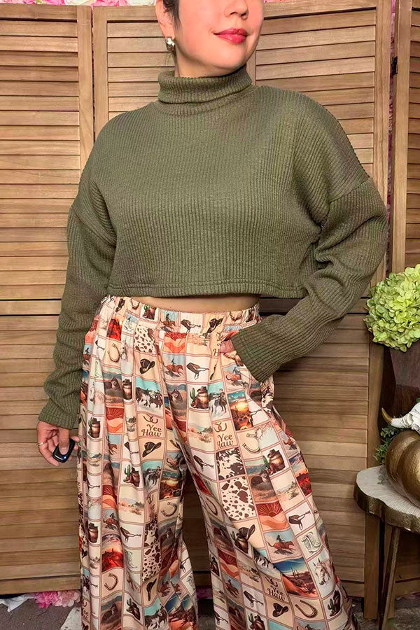 Western olive green ribbed knitted fabric crop women's boutique sweater BQ15469