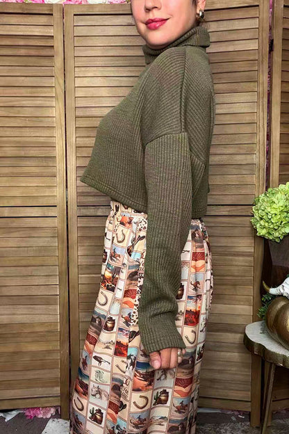 Western olive green ribbed knitted fabric crop women's boutique sweater BQ15469